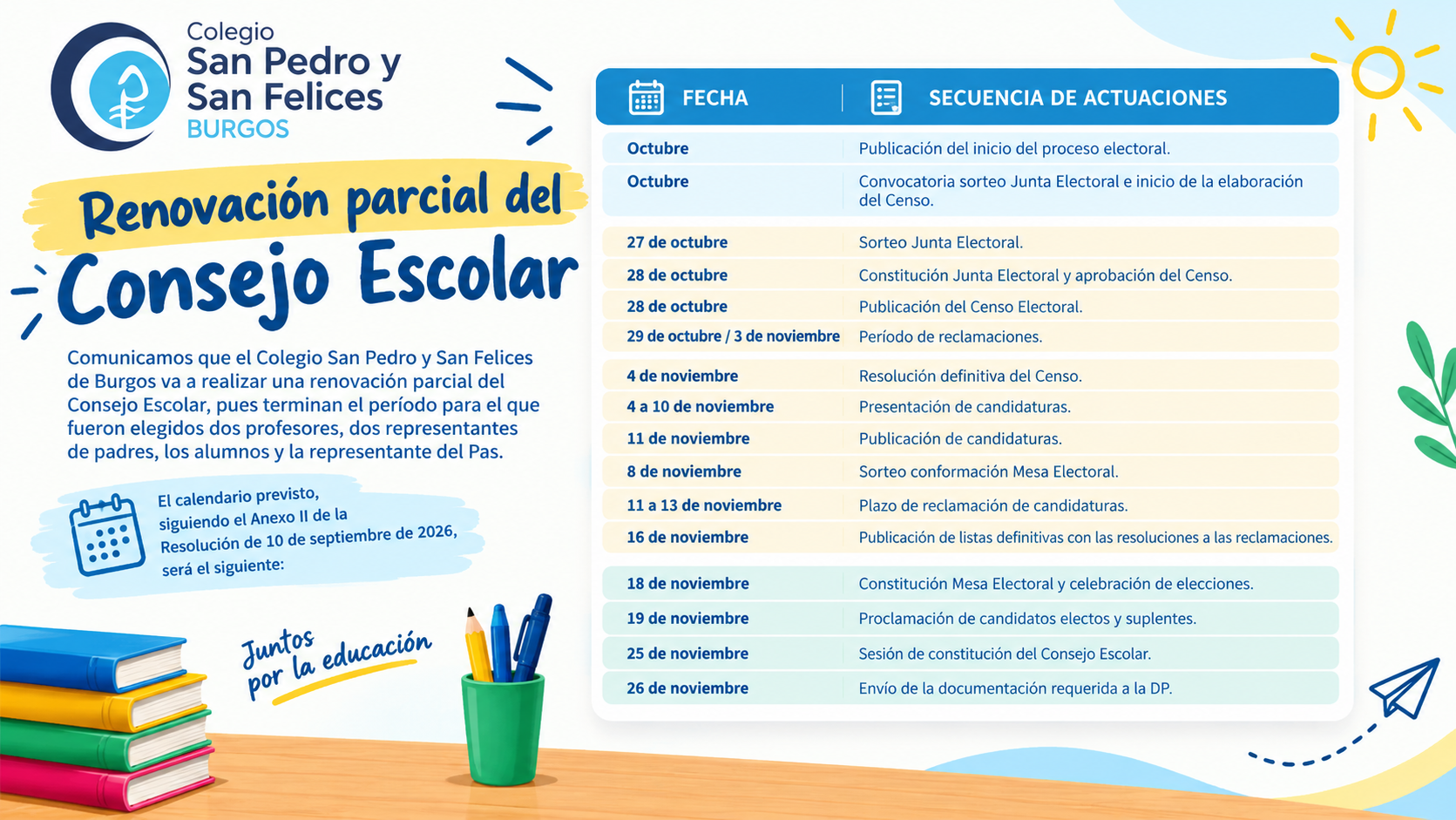 Cartel informativo sobre las elecciones al Consejo Escolar del curso 2026-2027, con calendario electoral y fecha de votación del 16 al 20 de noviembre.